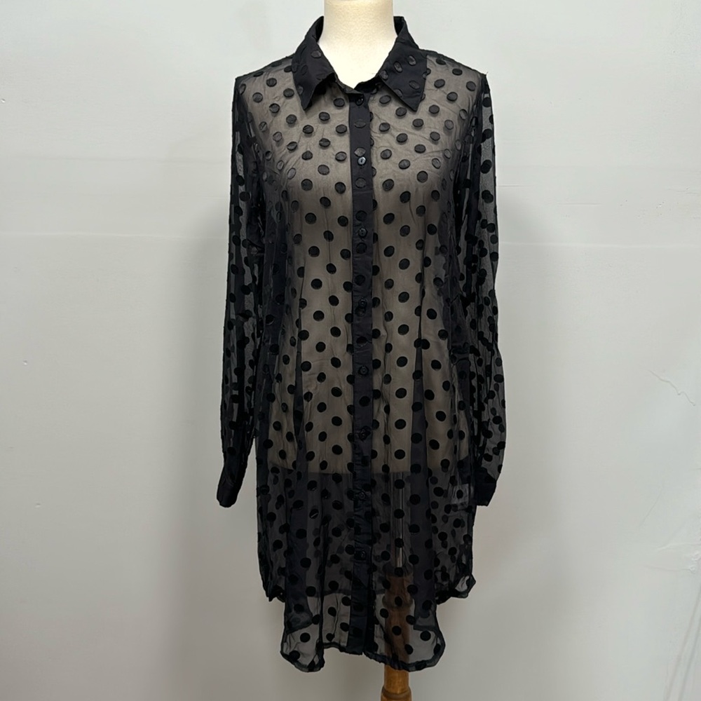 Lovers + Friends polka dot sheer black collared button down shirt dress sz S